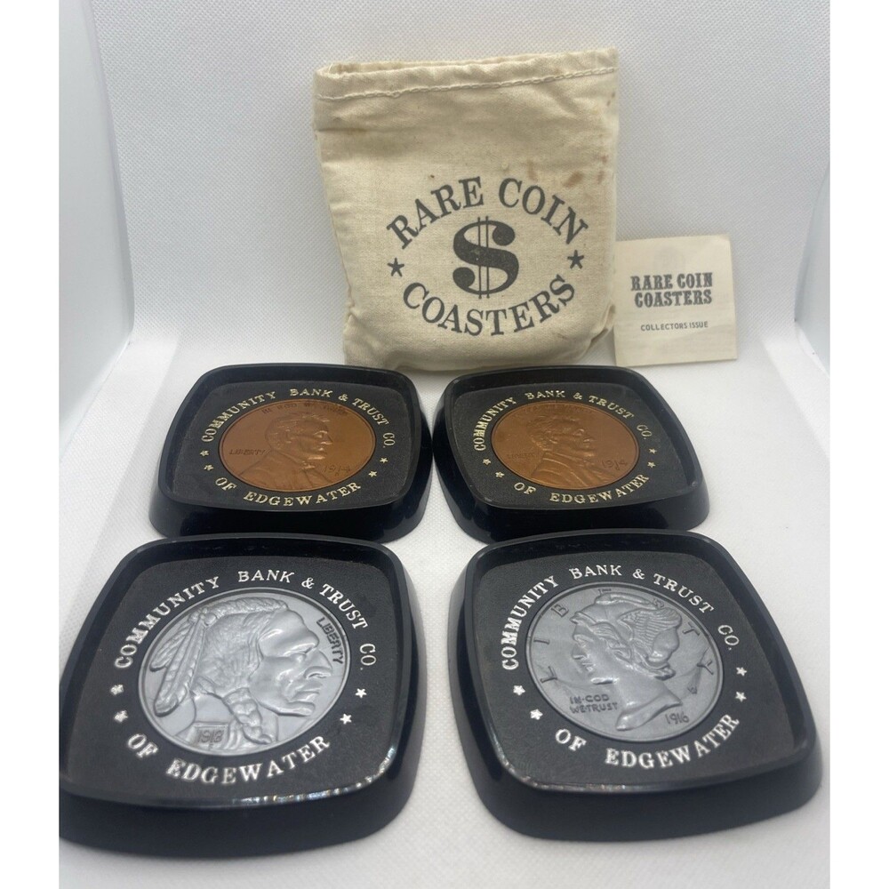 Vintage Edgewater Community Bank & Trust Rare Coin Coasters Complete Set 4 NOS